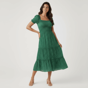Women's Chiffon Floral Dress Puff Sleeve Square Neck A-Line
