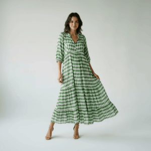 Women's Geometric Print Maxi Dress Puff Sleeve V-Neck