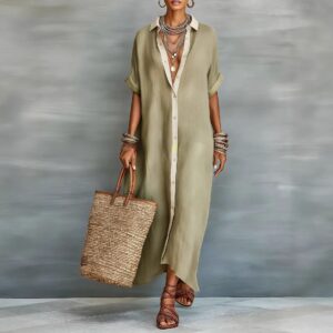 Women's Cotton Linen Color Block Dress