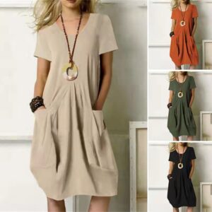 Women's Cotton Linen Short Sleeve Dress